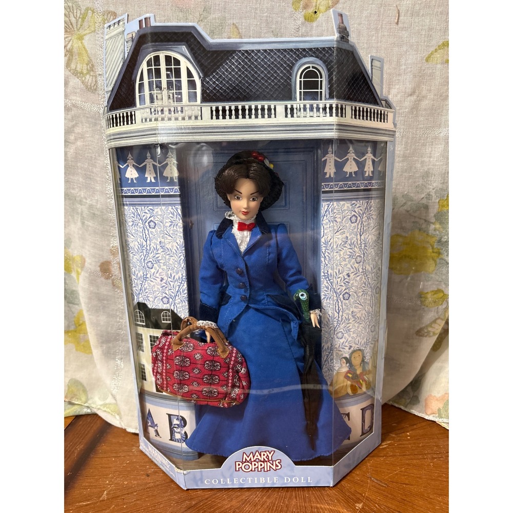 Disney Mary Poppins Collectible Doll Blue Travel Suit Umbrella Carpet Bag